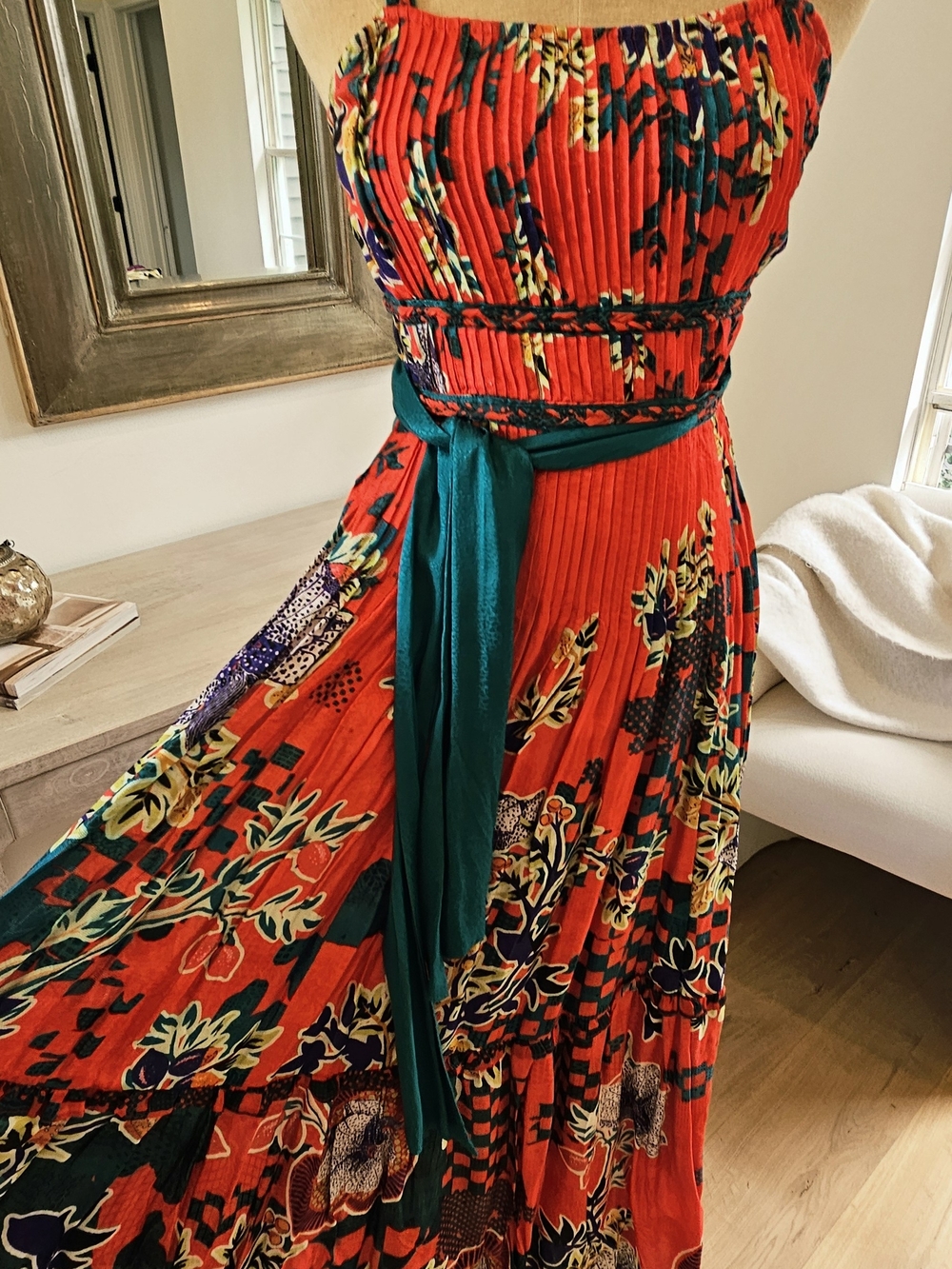Bhanuni By Jyoti Red Floral Maxi Dress with Green Sash Maxi Dress XS - Picture 9 of 15